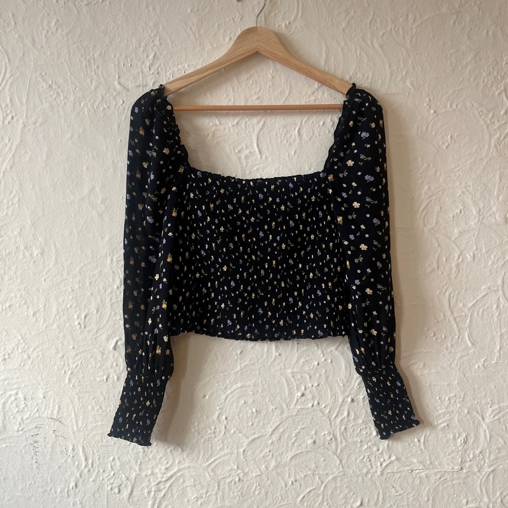 Reformation Black Floral Smocked Blouse